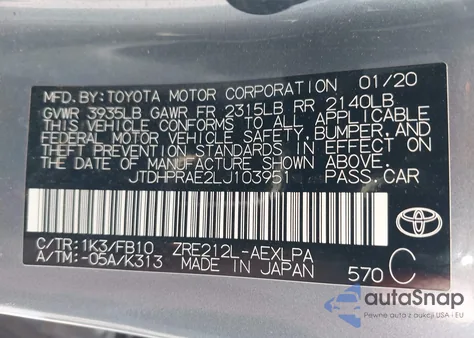 2020 Toyota Corolla Le from USA, damaged, VIN JTDHPRAE2LJ103951